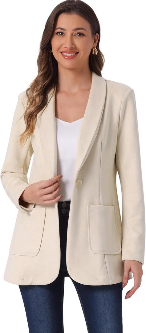 Allegra K Faux Suede Blazer for Women's Lapel Collar One Button Dressy Suit Jacket (X-Small,Beige)