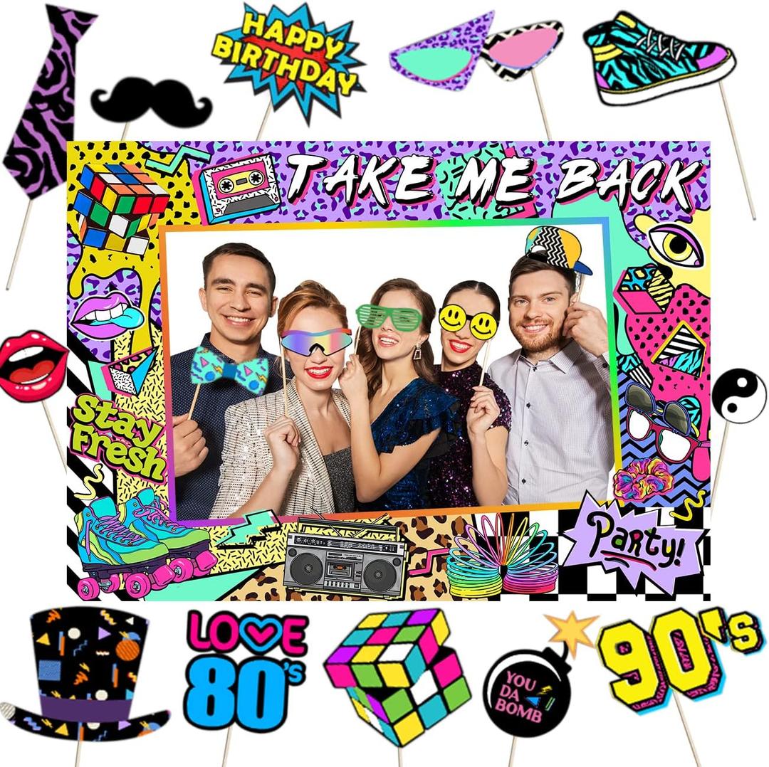 90s Themed Party Decorations for Adults, 1990s Throwback Party Photo Booth Props, 80s 90s Birthday Party Picture Booth Frame & Props for Retro Hip Hop Party Favors
