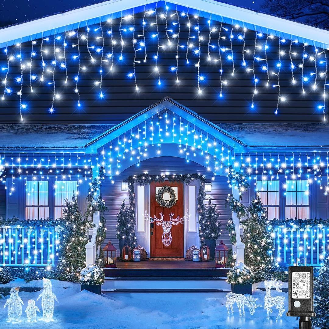 Blue and White Christmas Lights Outdoor, 33ft 400 LED Icicle Lights for Outside, Plug in Twinkle Lights with Clear Wire 8 Modes Timer Waterproof for House Holiday Xmas Patio Porch Exterior Decorations