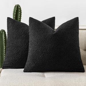 Woaboy Pack of 2 18x18 Inch Decorative Boucle Throw Pillow Covers Textured Square Pillowcaes Accent Solid Cozy Soft Cushion Covers Home Decor for Sofa Couch Living Room Home Decor,Black