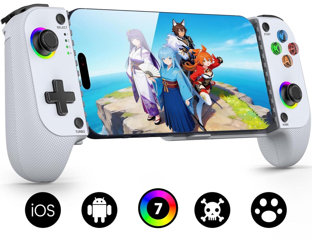 Mocagen MC1 Phone Controller for iPhone(All Model)/Android - Hall Effect Joystick, Enhanced Grip, Case-Friendly, Wireless Mobile Gaming Controller with 7 Lights Color, Travel Dust Bag, Turbo, Triggers