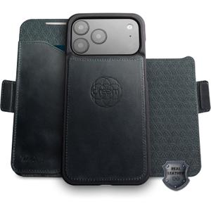 Dreem Real Leather for iPhone 17 Pro Case Wallet, Revolutionary Phone Stand, MagSafe-Fit, Magnetic Detachable Flip Cover, RFID Blocking Card Holder, Gift-Box [Fibonacci:Graphite Blue]