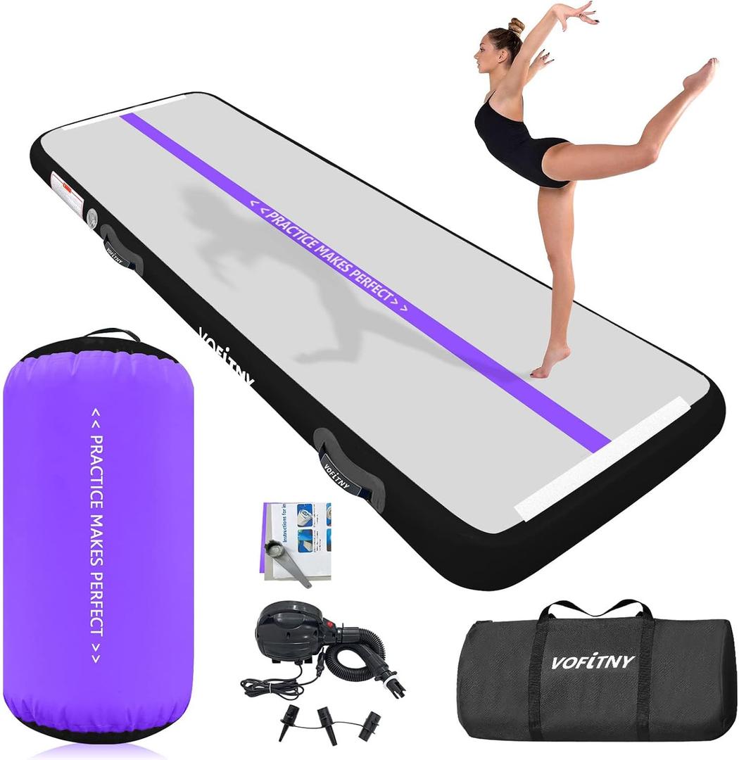 VOFiTNY Inflatable Gymnastics Air mat Tumbling Track for Home, BlacK/Purple+Roller, Mat 10' L x 3.3' W + Roller 3.3' L x 2' D