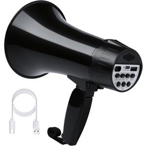 20 Watt Rechargeable Megaphone Bullhorn with Siren and 240s Recording, BT and USB Input, Megahone Speaker with Power Display and Portable Strap (Black)