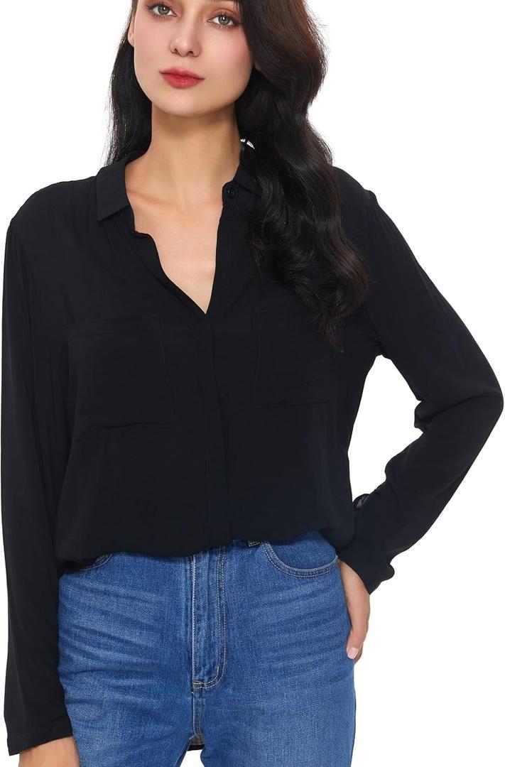 Womens Button Down Shirt Long Sleeve Button Up Shirt Ladies Work Blouses Loose Fit Tops (Black, S)