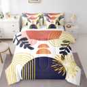 Boho Mid Century Bed in a Bag Queen Comforter Set 7 Piece,Abstract Geometric Modern Minimalist Bedding Sets Geometry Line Art Sheet Set with Comforter,Circle Graphic Ombre Stripes Bed Set,Orange Blue