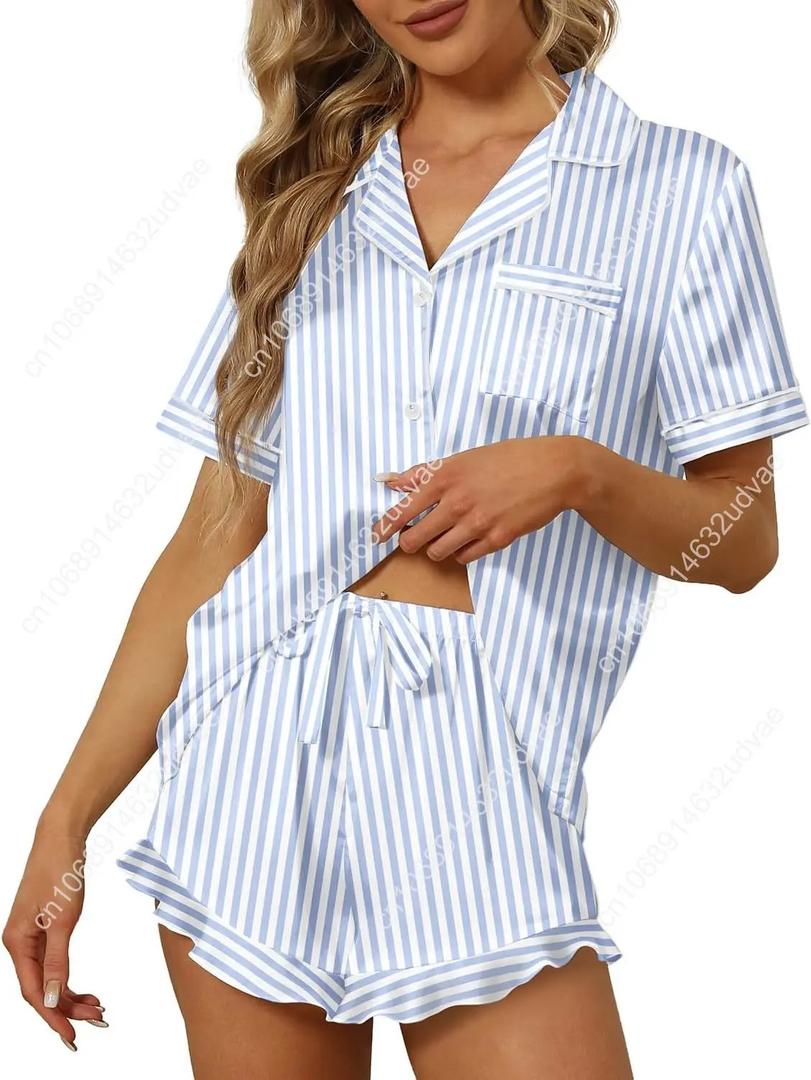 SAPJON Satin Silk Pajamas for Women 2Pcs Ruffle Notch Collar Sleepwear Button Down Short Sleeve Shorts Pjs Set Loungewear, Medium