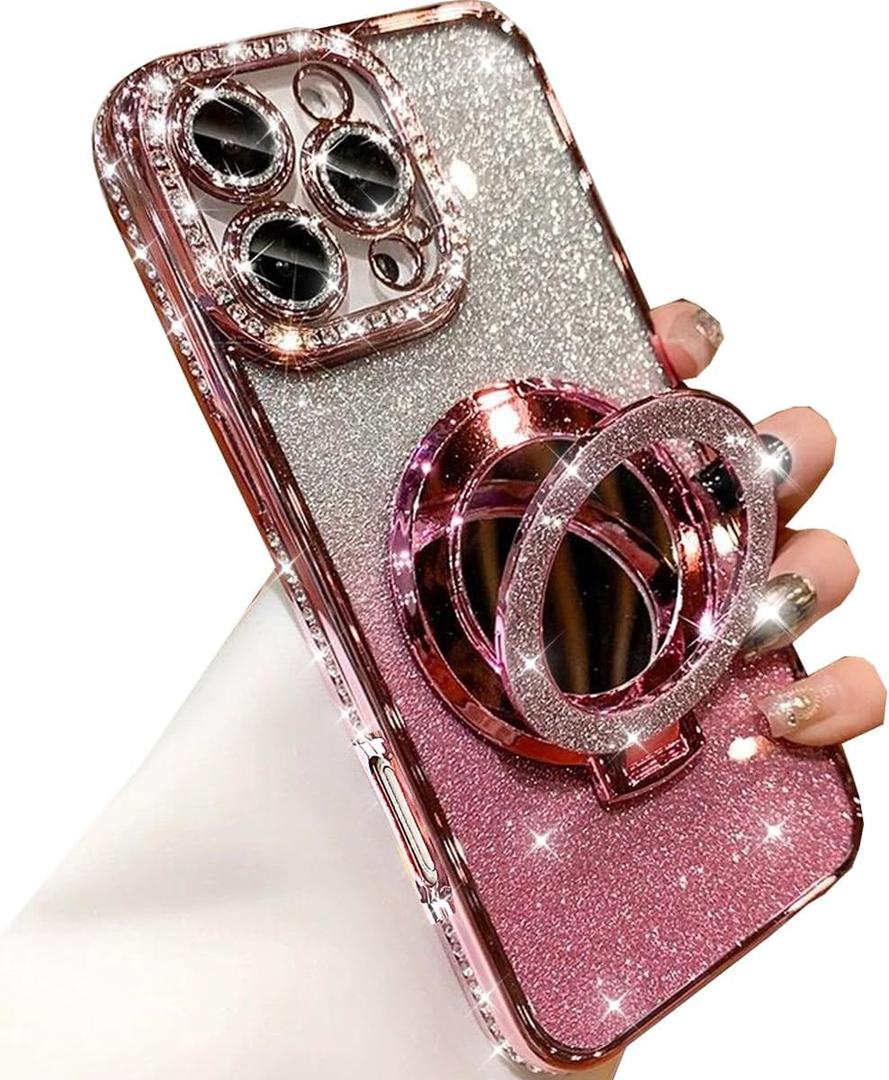 Changjia Magnetic Kickstand Glitter Case for iPhone 16 Pro, [Compatible with Magsafe] Luxury Bling Sparkly Rhinestones with Camera Protector Makeup Mirror Women Girls Case for iPhone 16 Pro 6.3", Pink