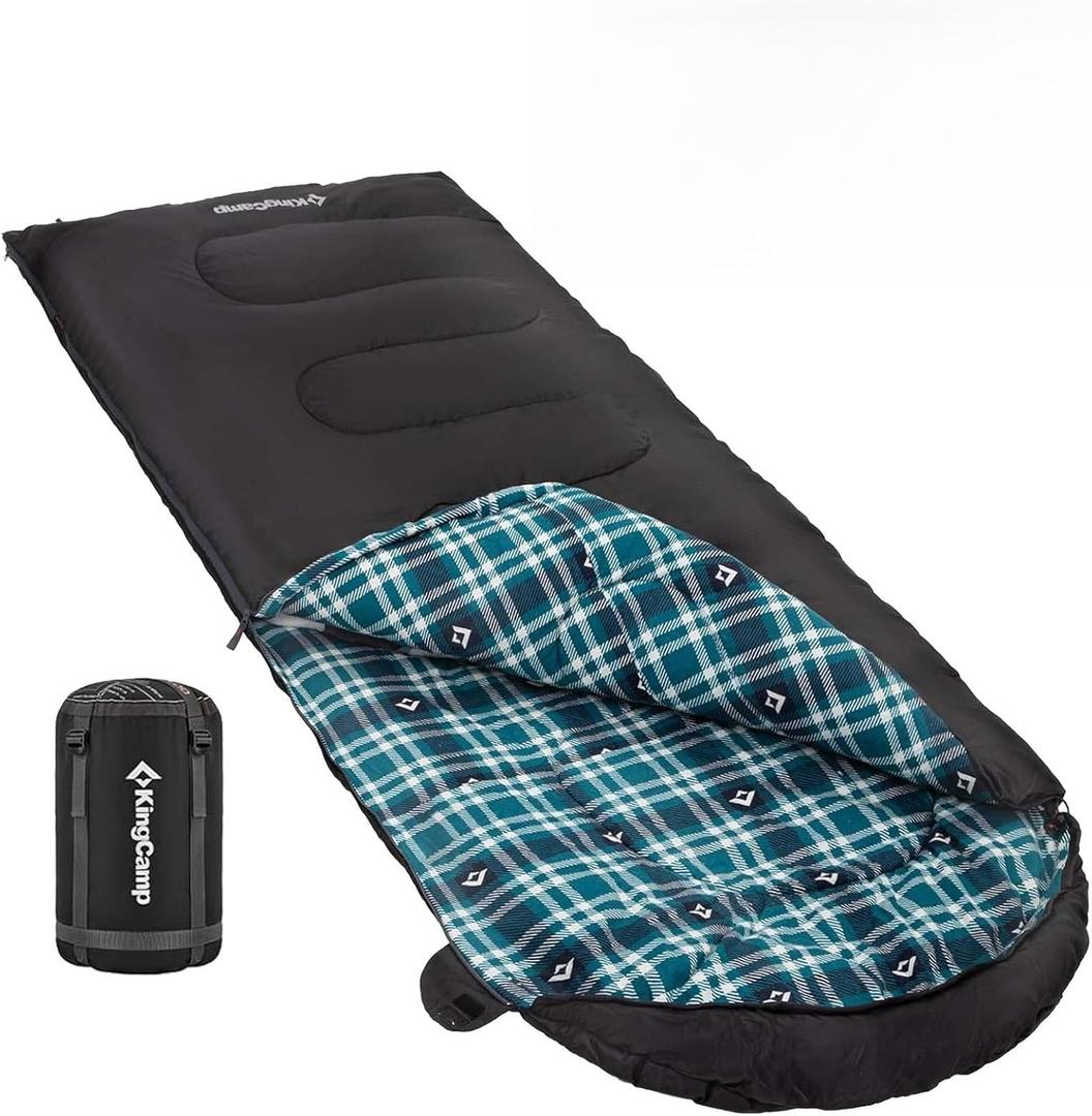 KingCamp Sleeping Bag for Adults, Cold Weather & Warm XL Big and Tall Flannel Sleeping Bags with Compression Sack Portable Waterproof Essentials Gear Accessories for Outdoor Camping (Left Zip, 90" x 35" | 8~45F BLACK)