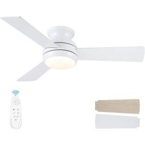 42 Inch Ceiling Fans with Lights and Remote, Low Profile Ceiling Fan with Light Flush Mount, Reversible, 6 Speeds, 3CCT Dimmable White Ceiling Fan for Bedroom Dinning Room Indoor