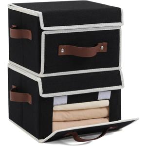 2PCS Storage Bins Box with Lids Front Opening Window Decorative Cotton Linen Fabric Basket PU Leather Handles PP Board Foldable Washable Shelf Closet Organizer Container (Black, Small)