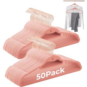 Pink Velvet Hangers 50 Pack, Felt Covered Non Slip Fabric with Stackable Cascading Hook, Ultra Thin and Space Saving with 360 Swivel Neck, 15Lbs Capacity for Clothes, Suit, Shirt, Coat