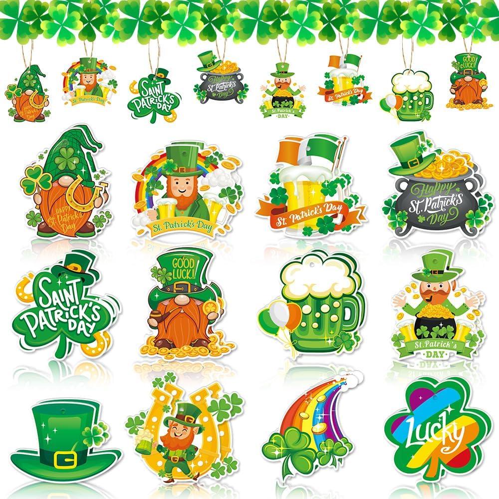 St. Patricks Hanging Ornament St. Patricks Day Decorations 24 Pcs Clover Horseshoe Tree Ornaments for Spring Lucky Irish Day