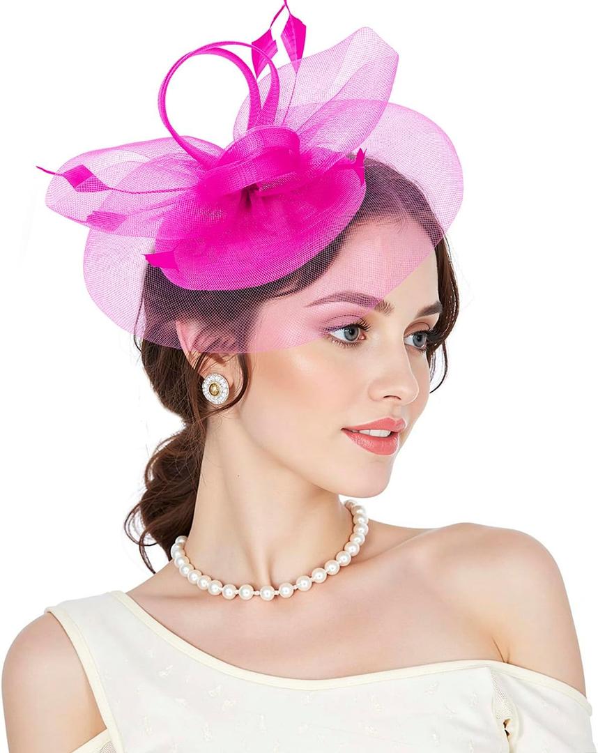 Fascinators Kentucky Hats Derby for Women 2025 Tea Party Hat with Feather Hair Clip Headwear for Wedding Church Hat (One Size, Hot Pink)