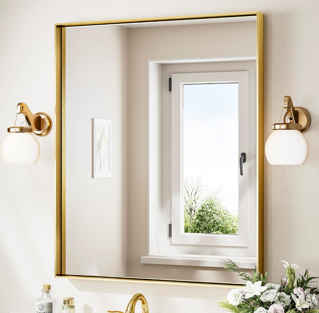 Keonjinn 30 x 36 in Brushed Gold Bathroom Mirror for Over Sink Metal Framed Rectangular Wall Mirror Shiny Gold Mirror for Vanity Aluminum Alloy Brass Gold Rectangle Mirror (Horizontal/Vertical)