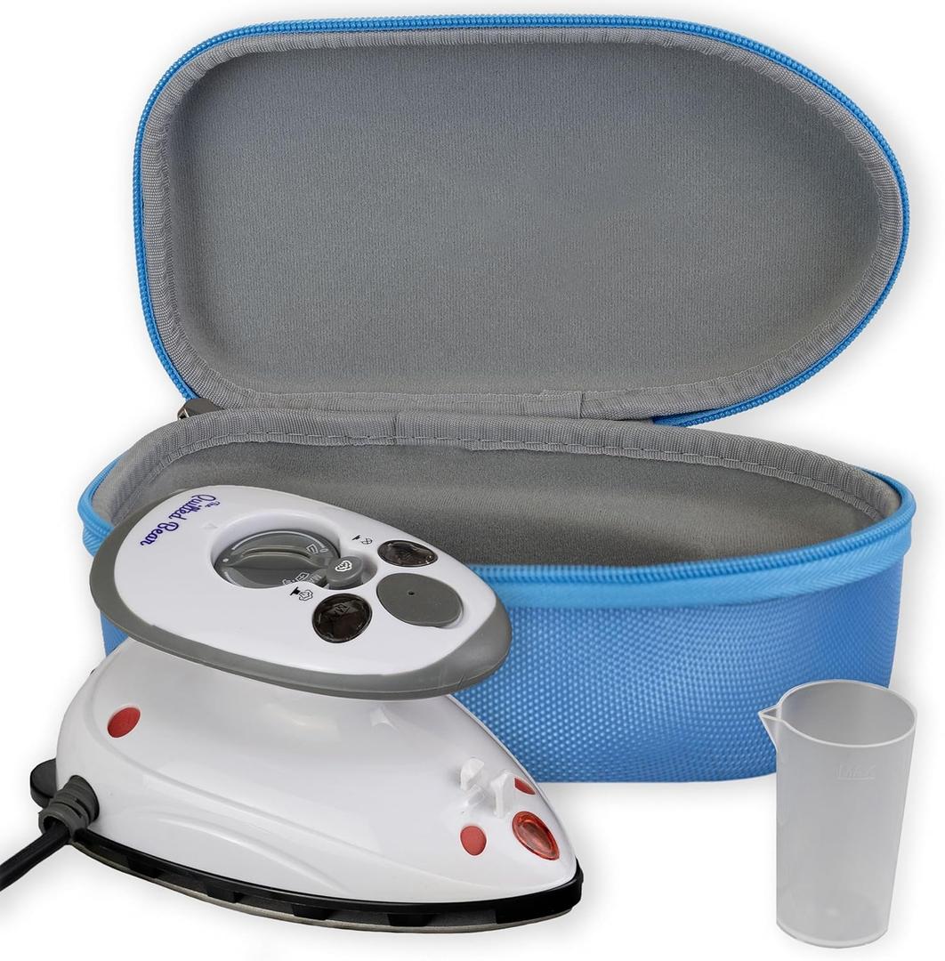 The Quilted Bear Mini Steam Iron - Lightweight Mini Travel Iron for Effortless Quilting & Wrinkle-Free Clothes with Hard Shell Case - Travel Steamer Craft Press for Clothes & Crafts (Blue)