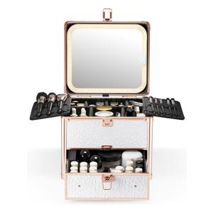 Qislee Makeup Box with Drawer and A Detachable Lighted Mirror, Waterproof Travel Train Case, Cosmetic Organizer and Makeup Suitcase with Adjustable Dividers, Magnetic LED Mirror (Bright White)