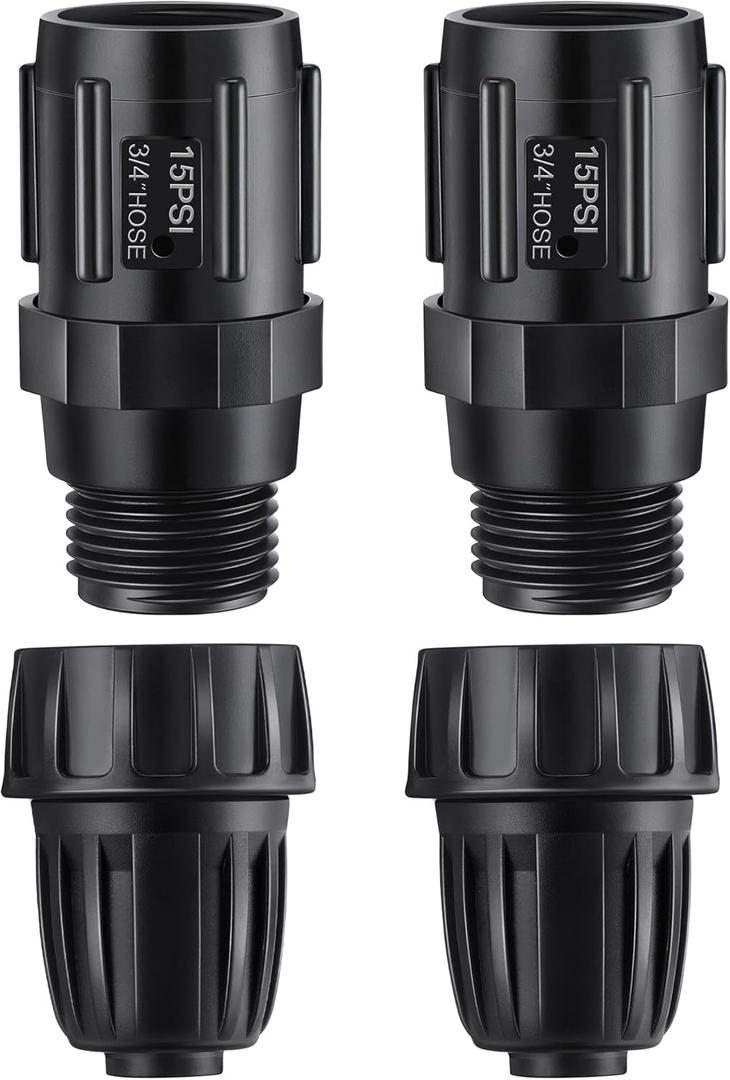 4 Pcs 15 PSI Drip Irrigation Pressure Regulator Faucet Adapter Kit, 2 Pcs 3/4" FHT x 3/4'' MHT Pressure Regulator, 2 Pcs 1/2 Inch Drip Irrigation Tubing Adapter for Drip Irrigation System