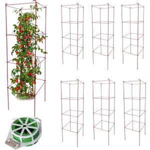 Tomato Cages 6 Packs 46 Inch (H) Plant Stand with 164 Feet Twist Ties, Heavy Duty Garden Plants Support for Tomatoes, Cucumber, and Other Climbing Plants (Red)
