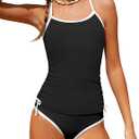 HOTOME Girls Bathing Suits Size 12-14 Adjustable Cross-Back Straps Two-Piece Tankinis for Teens Contrast Trim Girl Bathing Suit Solid Size 14 Girls Swimsuit Drawstring with Removable Chest Pad Black
