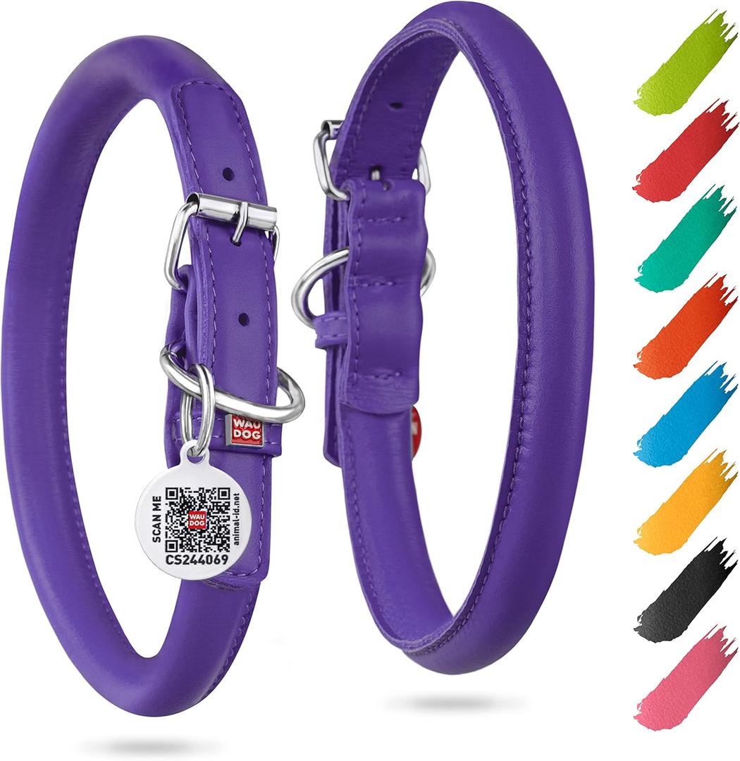 WAUDOG Ultra Soft Rolled Leather Collar - Soft Padded for Small, Medium, and Large Dogs - Puppy Collar for Male and Female Dogs (15" - 19" Neck, Purple)