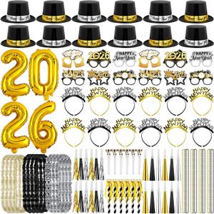 Aneco 97 PCS New Year's Eve Party Kit for 12 Guests Happy New Year Party Supplies Set with Hats Headbands Noisemakers Horns Glasses Bead Necklaces Garlands 2026 Foil Balloon for New Year Decoration