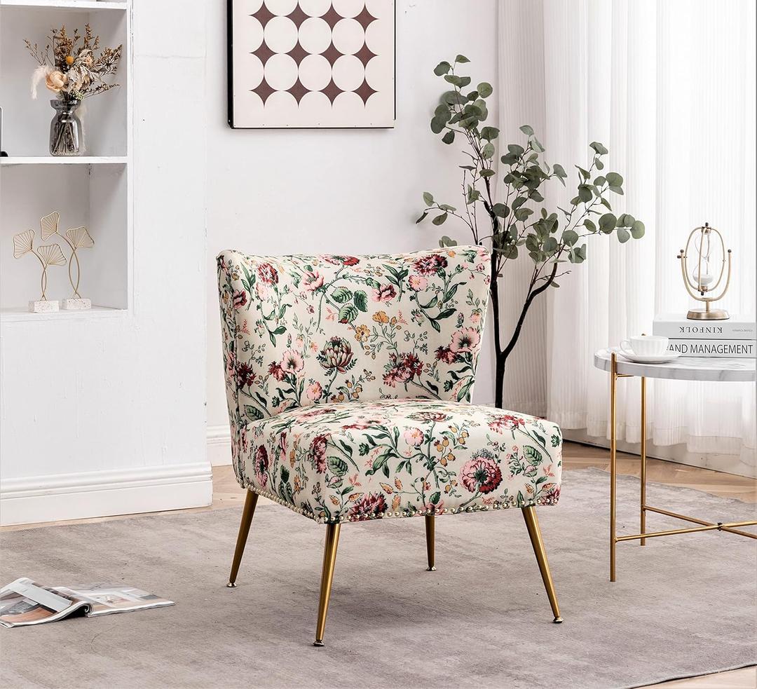 Container Furniture Direct Thia Armless Accent Chair for Living Room, Elegant Seat with Nailhead Trim, Gold Metal Legs and Comfortable Curved Back, 28" D x 25" W x 29.5" H, 03 Floral Print