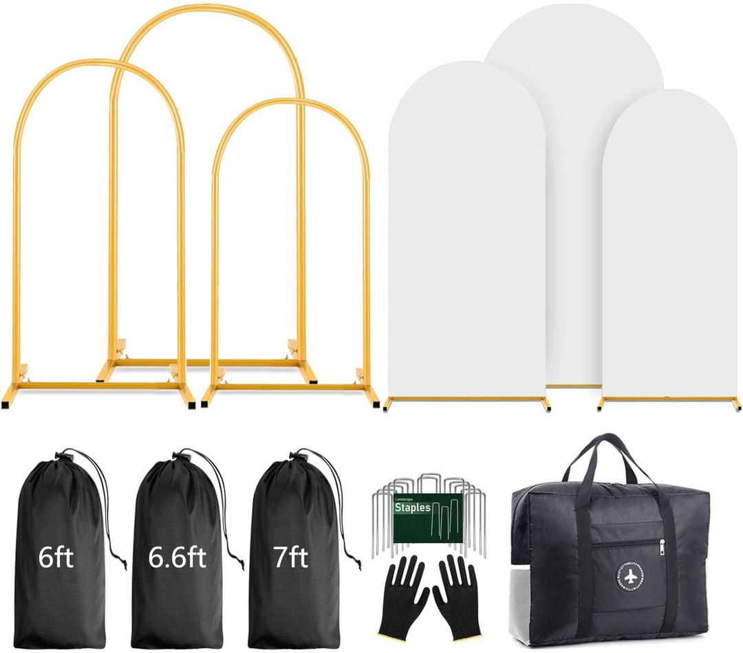 Arch Backdrop Stand and Cover Set (7.2ft,6.6ft,6ft) Metal Arch Frame Stand Gold, Wedding Birthday Party Baby Shower Graduation (White, 7.2Ft+6.6Ft+6Ft)