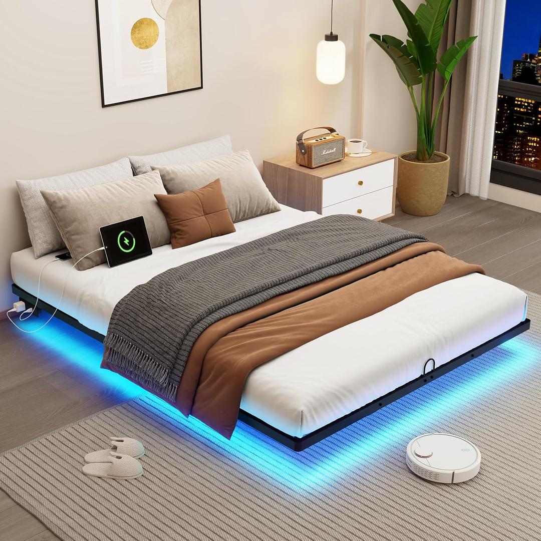 King Size Floating Metal Bed Frame with Smart LED Lights & Charging Station, Metal Platform Bed Base No Box Spring Needed, Easy Assembly, Noise Free