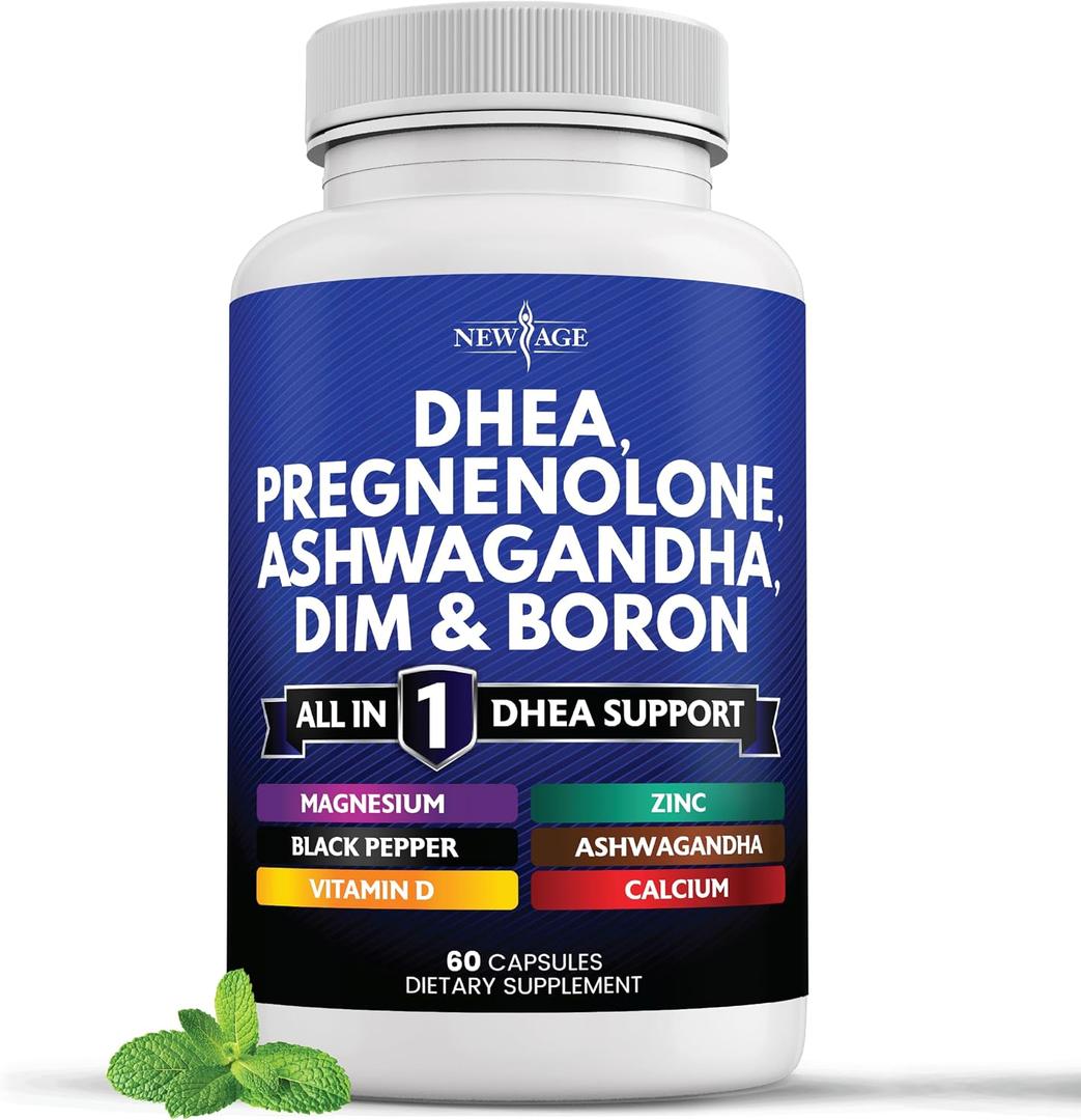 NEW AGE DHEA Supplement - Pregnenolone for Men & Women with DIM, Ashwagandha, Boron, Calcium, Magnesium, Zinc, Vitamin D3 5000iu - Support Capsules - 60 Count, Expiry: 10/2027