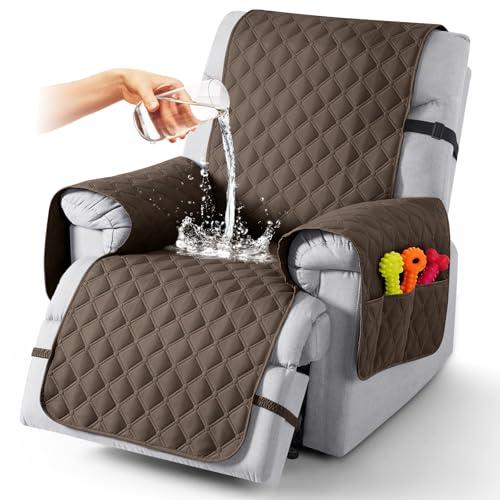 TAOCOCO 100% Waterproof Recliner Covers, Reclining Sofa Covers with Leg Straps, Reversible Recliner Couch Cover for Reclining Chair, Washable Couch Protector for Pets Kids(1 Seater 22", Brown)