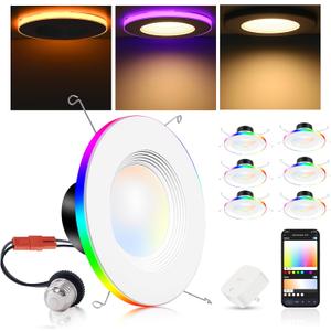 CLOUDY BAY [6 Pack] 6 Inch Smart LED Can Lights with RGB Back Light,15W 2700K-6500K Color Changing Retrofit Recessed Lighting,Bluetooth Downlight,Hub Included,Work with Alexa/Google Assistant