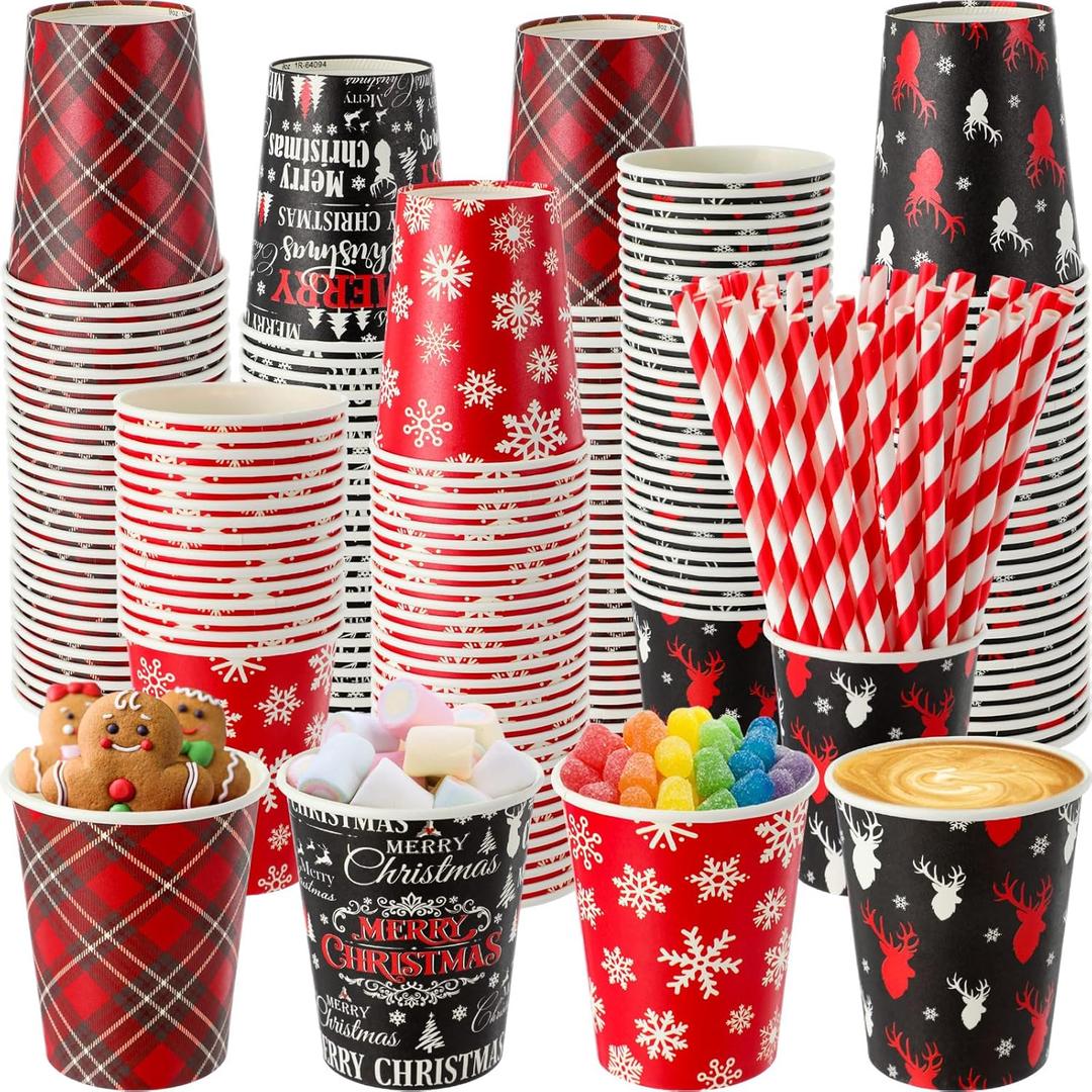 FoldTier 120 Set 9 oz Christmas Hot Cocoa Paper Cups Bulk Disposable Paper Coffee Tea Cups with Straws Christmas Hot Chocolate Bar Supplies for Tea Juice Xmas Party Holiday Drinkware (Classic)