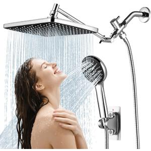 Shower Head with Handheld Combo,11.8 Inch Large Rectangular Rain Shower Head with 5 Modes Handheld Spray Combo, Adjustable Double Shower Heads with Holder and 11'' Extension Arm, Chrome