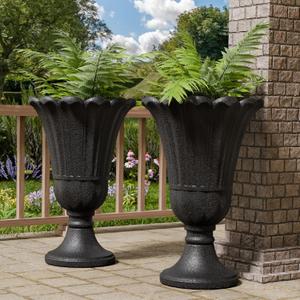 23.6" Tall Plastic Urn Planters for Outdoor Plants, Set of 2 Heavy-Duty Classic Indoor Large Flower Pots with Drainage Holes & Petal Design, Outdoor Planters for Porch, Home Garden, Black, 19.69"D x 15.75"W x 23.62"H