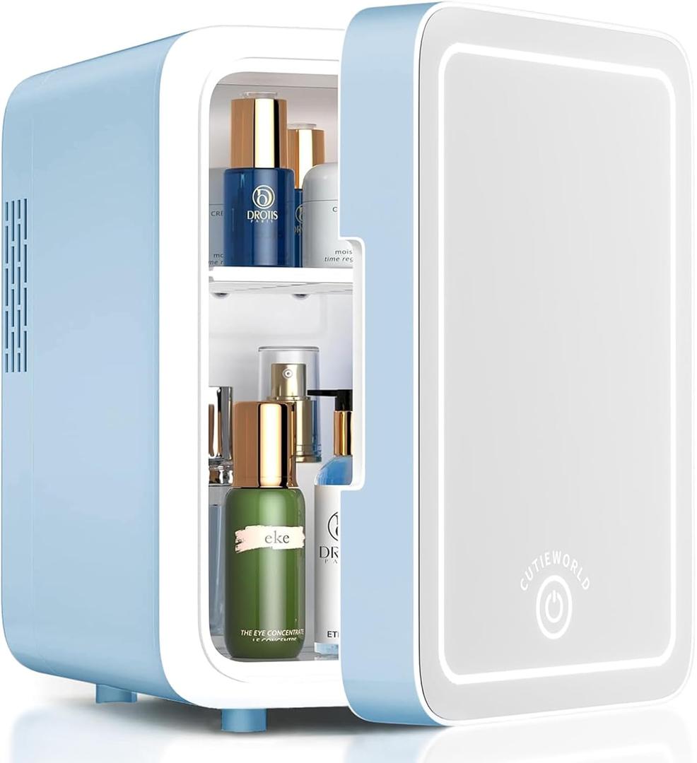 Skincare Fridge With Dimmable LED Light Mirror, 4L Makeup Mini Fridge for Bedroom, Car, Office & Dorm, Cooler & Warmer, Portable Small Refrigerator for Cosmetics, Skin Care and Food, Blue