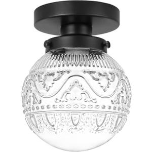 Semi Flush Mount Ceiling Light Fixtures, Vintage Globe Glass Ceiling Light Fixture, Antique Small Black Hallway Light Fixtures for Bedroom, Closet, Entryway, Bathroom, Kitchen (Black clear glass shade)