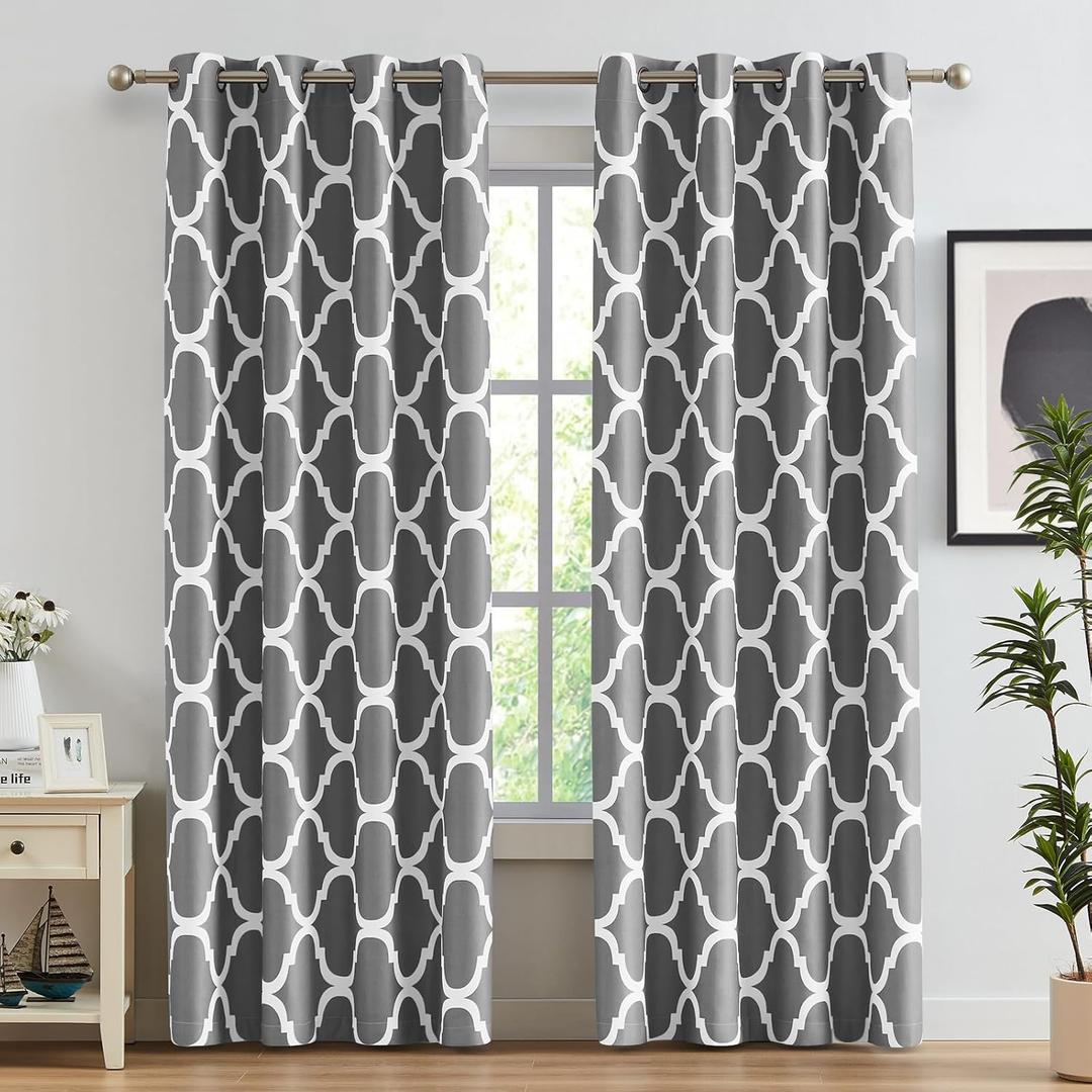 Melodieux Moroccan Printed Room Darkening Blackout Grommet Curtains for Living Room Bedroom, 52 by 72 Inch, Grey (2 Panels)
