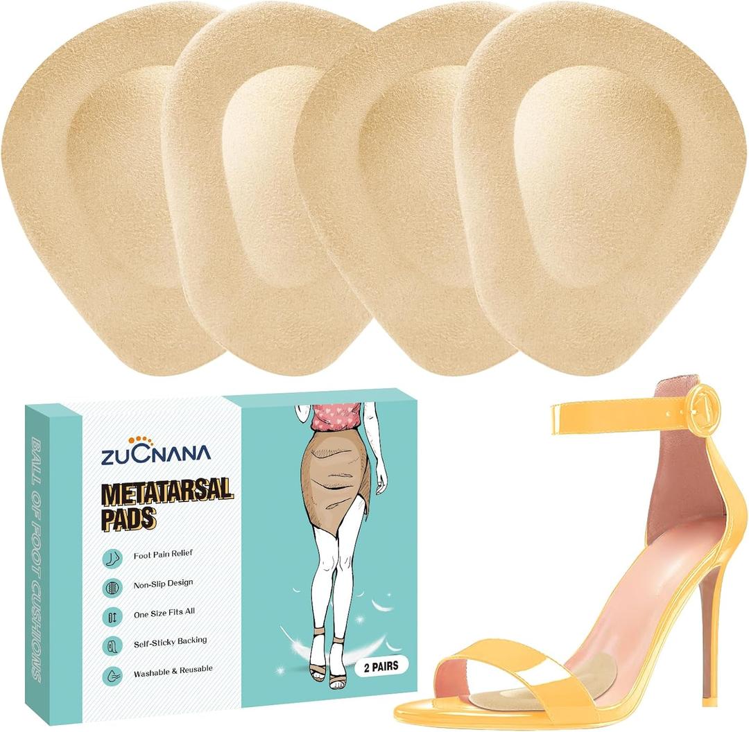 ZUCNANA Metatarsal Pads for Women, Ball of Foot Cushions for Heels, Soft Gel Foot Pads for Comfort and Foot Pain Relief, NonSlip Heel Pads, One Size Fits Any (2 Pairs Beige)