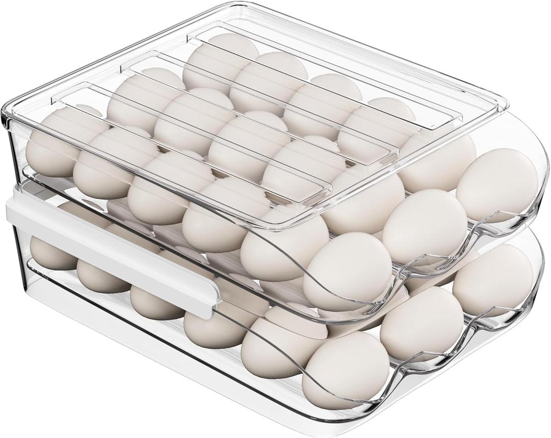 Proarea Egg Holder for Fridge 36 Capacity Automatic Rolling Egg Organizer for Refrigerator, Clear Stackable Container for Kitchen or Pantry Storage 2 Pack