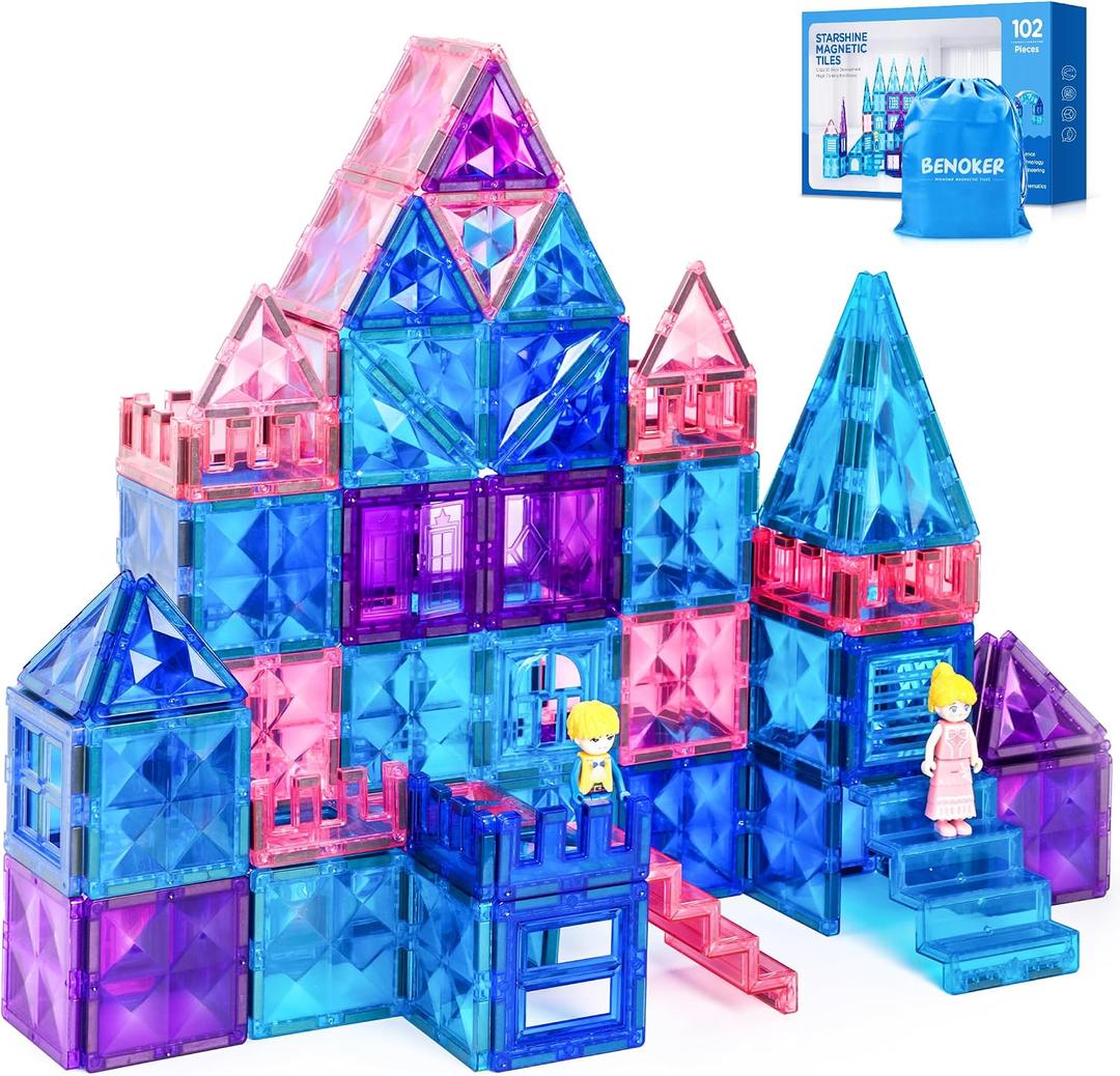 BENOKER Castle Magnetic Tiles, 3D Building Blocks STEM Educational Kids Toys for Pretend Play, 3 4 5 6 7 8 Year Old Birthday Gifts for Boys and Girls, Preschool Learning Toys for Christmas, 102pcs