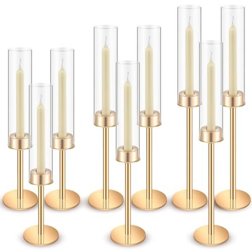 Yungyan 9 Pcs Gold Candlestick Holders Clear Glass Hurricane Candle Holder Bulk Vintage Candelabra Taper Tall Glass Hurricane Candle Cover for Christmas Wedding Table Centerpiece Decor