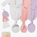 3 PK Baby Knotted Gowns Set with Mittens, Hats, Headbands & Wooden Name Tag for Breathable Newborns Going Home Outfit Newbord