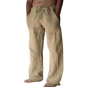 Puimentiua Cotton Linen Pants Men Casual Loose Fit Elastic Drawstring Waist Summer Beach Pants(Coffee, 3XL)