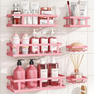 Youvip 6 Pack Shower Caddy, Adhesive Shower Shelves with Soap Holder, No Drilling Rustproof Large Capacity pink bathroom decor accessories, Pink