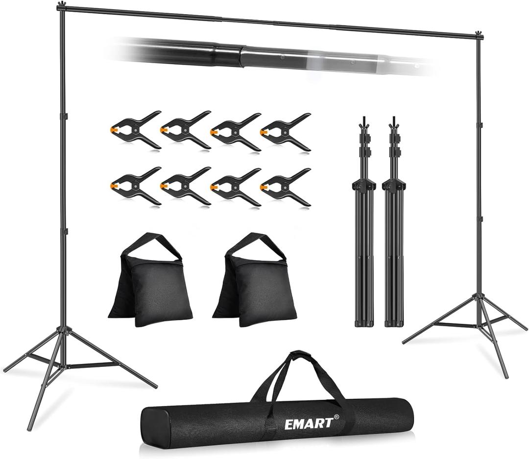 EMART Backdrop Stand 10x7ft(WxH) Photo Studio Adjustable Background Stand Support kit with 2 Crossbars, 8 Clamps, 2 Sandbags and Carry Bag for Parties, Events Decoration, Wedding, Photography (Black)