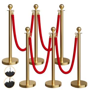 6 Pack Gold Stanchions and Velvet Ropes Set, Stainless Steel Crowd Control Barriers, 4Pcs Red Carpet Ropes and Poles for Party Supplies,Photobooth Accessories, Prom,Birthday,Business,Wedding, Museums