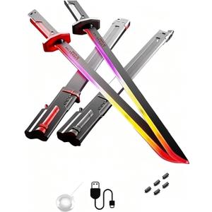 2 Pcs 31.5-inch Iridescent Lightsaber Blade with Hit-Sensitive Sound and Fog Effect | Type-C Charging | Perfect for Rave Parties, Cosplay, and Showcases (Black & Red Dual Pack)