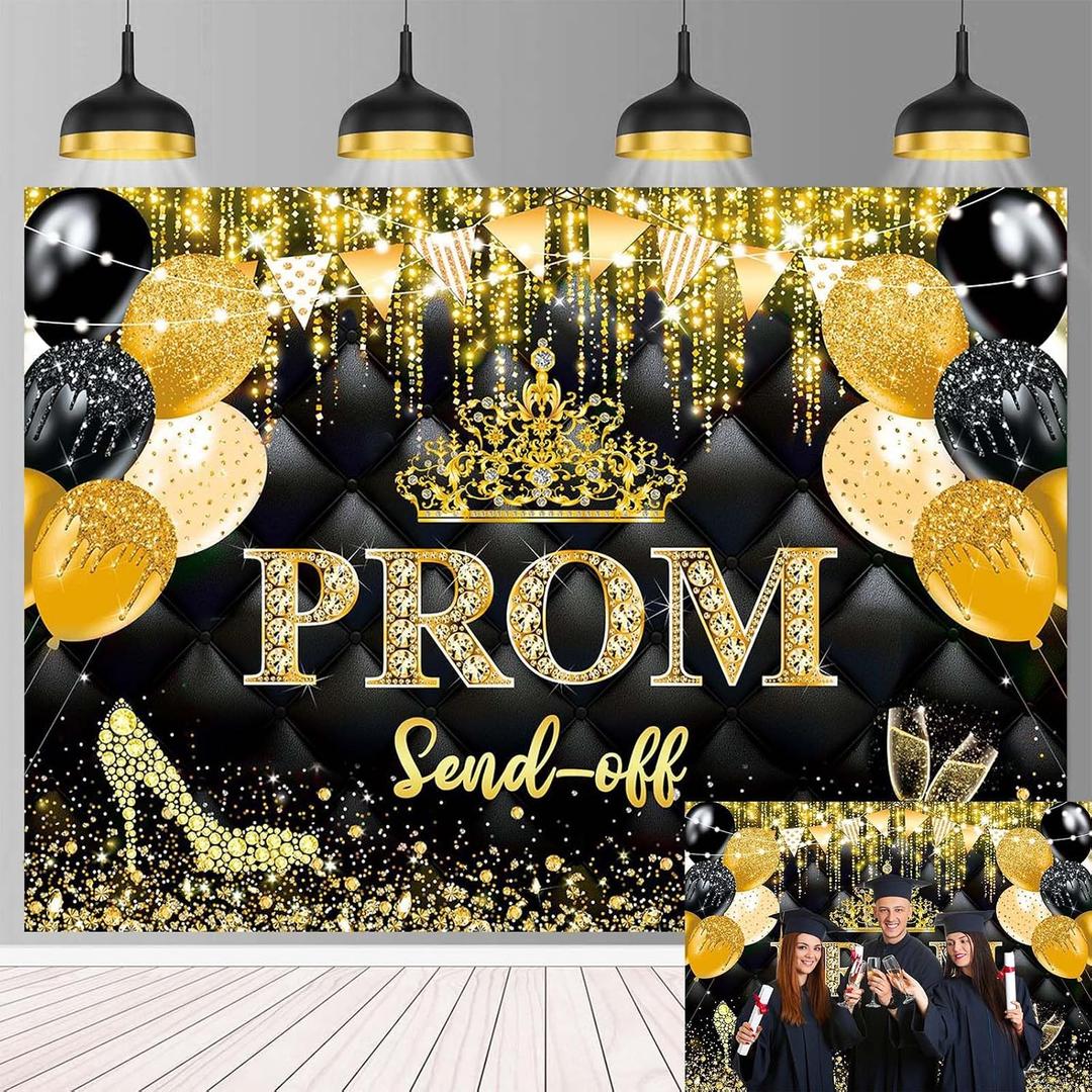 Prom Send Off Photography Backdrop 8x6FT Black and Gold Glitter Champagne Prom Night Backdrop Congrats Graduation Party Decorations Banner (96x72 inch)