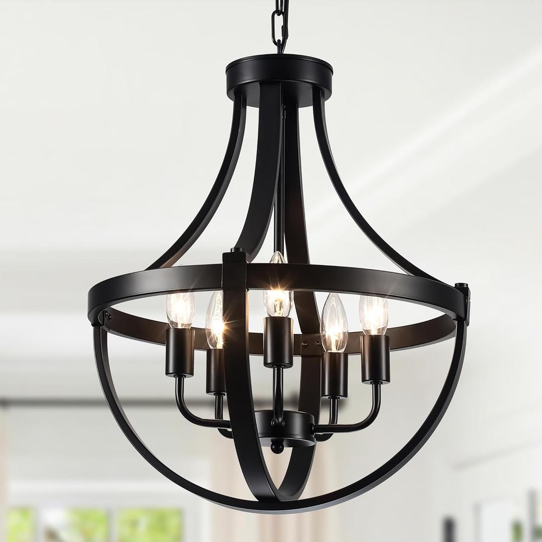 CWarmozy 16.5" Black Rustic Chandelier for Dining Room Adjustable 5-Light Farmhouse Pendant Light Fixture for Kitchen Island Entryway Foyer Bedroom Hallway